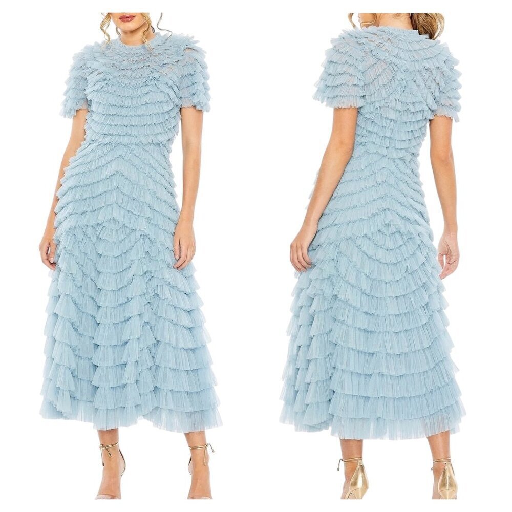 Mac Duggal French Blue Ruffle Midi Dress NWT Size 10 Style 8055 A-Line